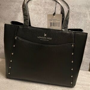NWT London Fog Marcelle Studded Satchel LFS24903 Black. Sealed In Dustbag